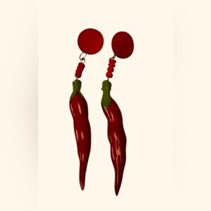 RED CHILI PEPPERS Wire EARRINGS Silver Tone Dangling Peppers 4" VTG Handmade